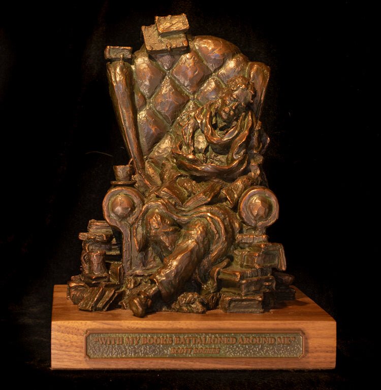 With My Books Battalioned  Around Me (Edition of 30) by Scott Rogers | Bronze | Sage Creek Gallery | Front